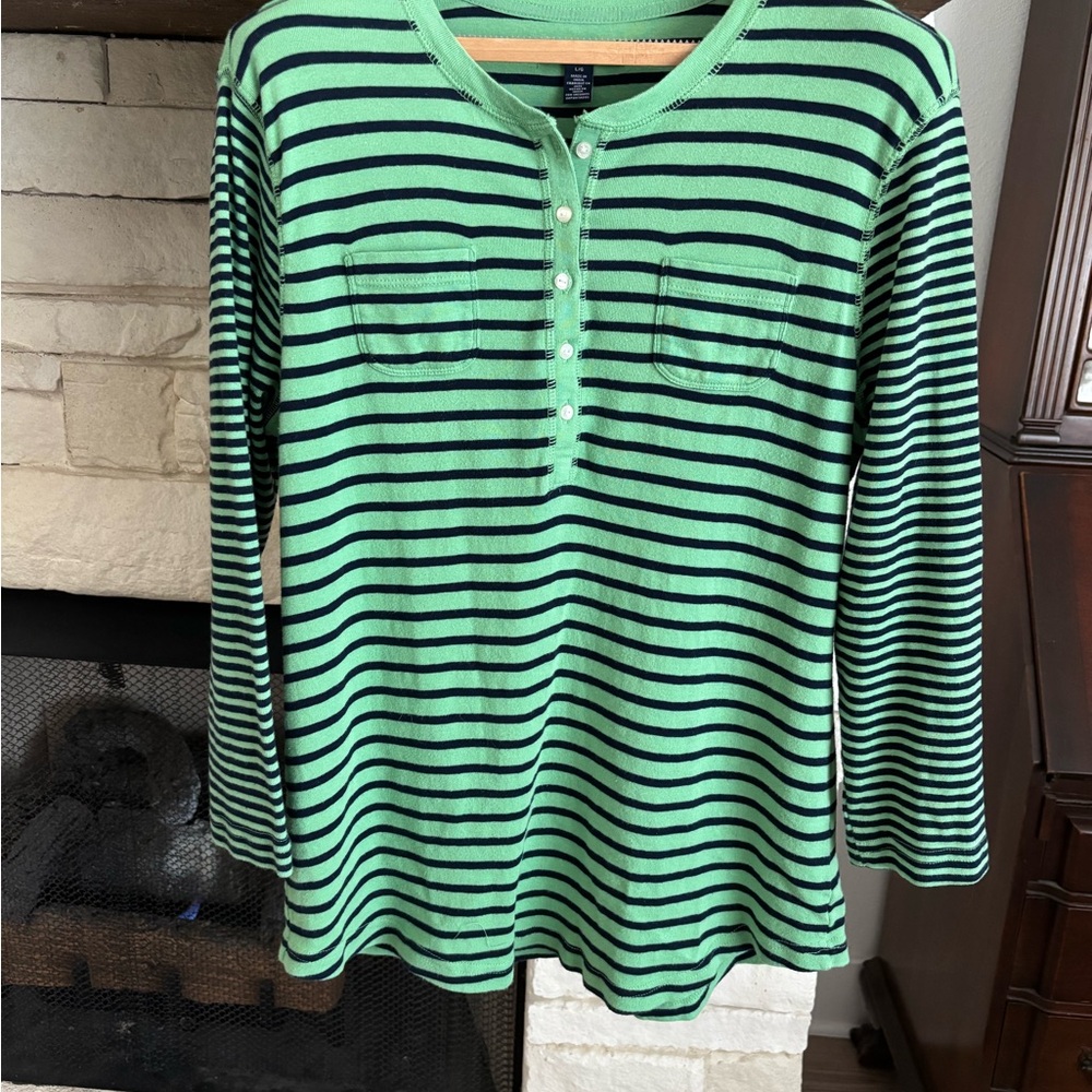 CHAPS Green and Navy Striped 3/4 Sleeve Henley Top